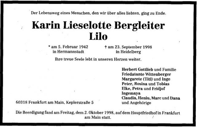 Bergleiter Karin Lieselotte 1942-1998 Todesanzeige